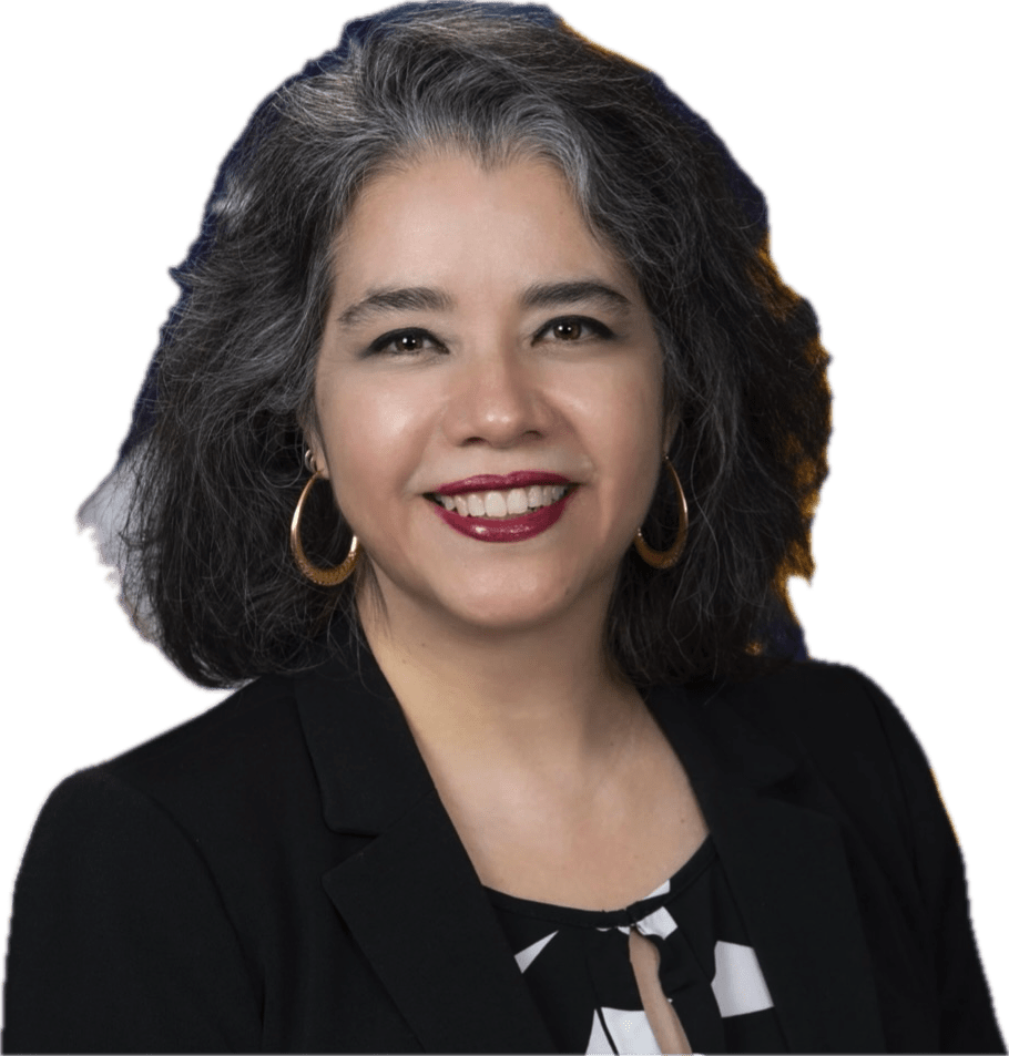 A woman smiling and looking directly at the reader. She is wearing a dark suit jacket and a black and white top. She is the Chief Executive Officer.